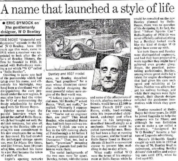 Articolo sulla morte di Walter Owen Bentley, 1971.